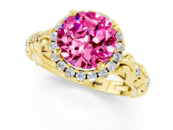 Yellow gold Round Cut Pink Sapphire Halo Ring with Filigree Band and Prong Setting
