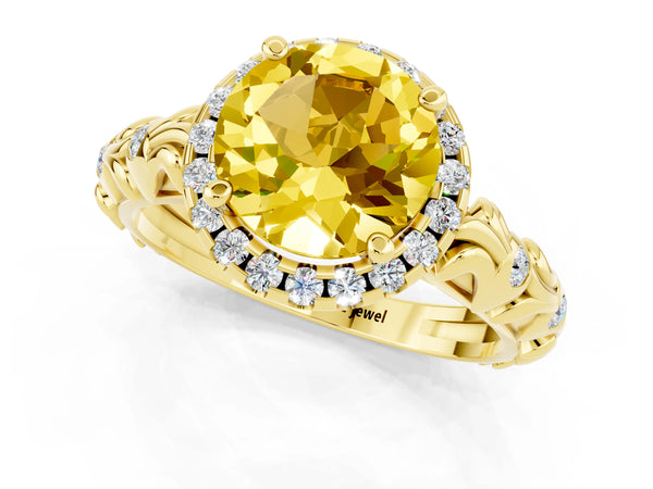 Yellow gold Round Cut Yellow Sapphire Halo Ring with Filigree Band and Prong Setting