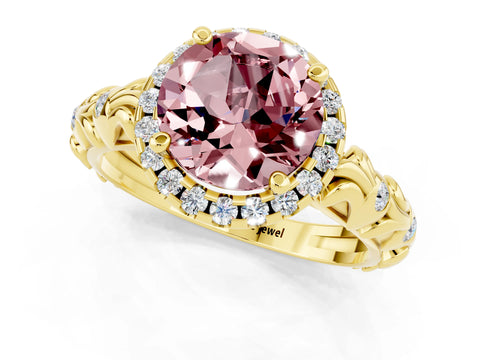 Yellow gold Round Cut Halo Diamond Solitaire with Filigree Band and Four-Prong Setting_1