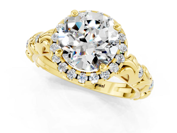 Yellow gold Round Cut Moissanite Halo Ring with Filigree Band and Prong Setting