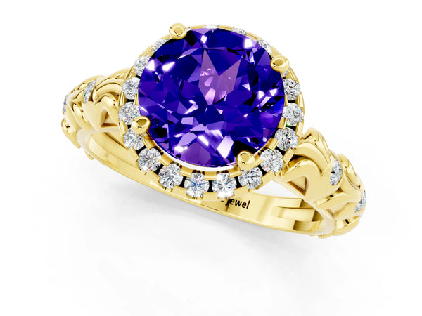 Yellow gold Round Cut Tanzanite Halo Ring with Filigree Band and Prong Setting