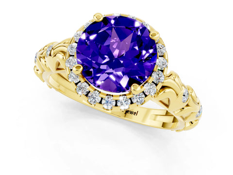 Yellow gold Round Cut Halo Diamond Solitaire with Filigree Band and Four-Prong Setting_1