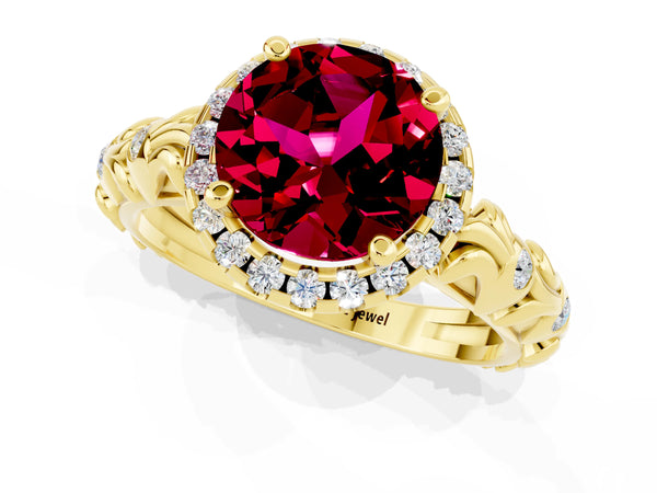 Yellow gold Round Cut Garnet Halo Ring with Filigree Band and Prong Setting