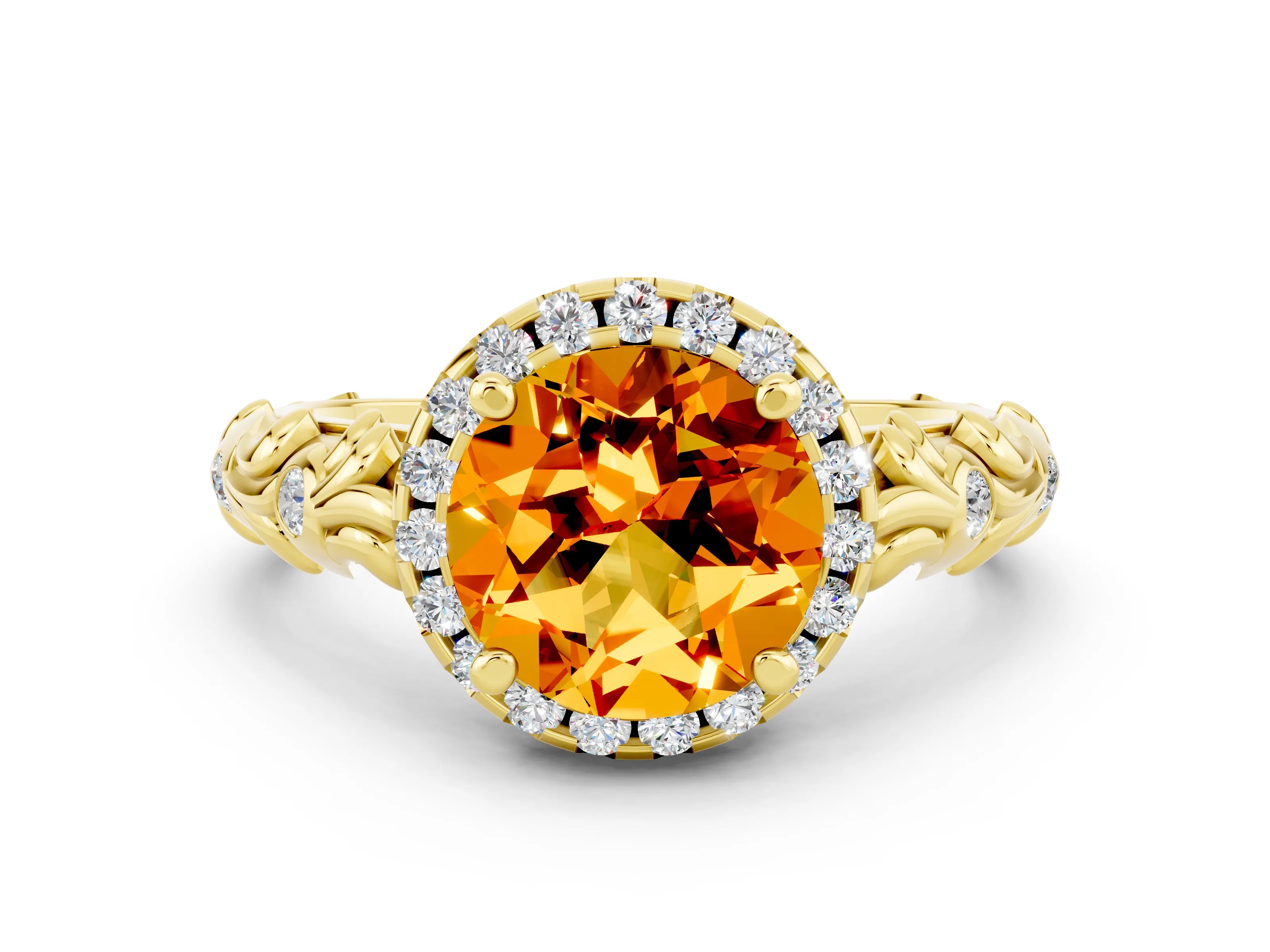 Yellow gold Round Cut Halo Diamond Solitaire with Filigree Band and Four-Prong Setting