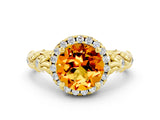 Yellow gold Round Cut Halo Diamond Solitaire with Filigree Band and Four-Prong Setting