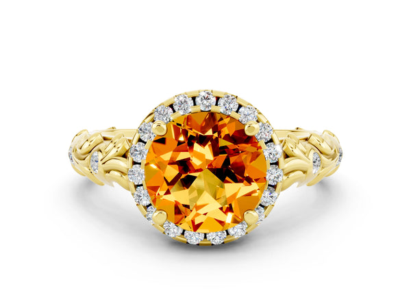 Yellow gold Round Cut Citrine Halo Ring with Filigree Band and Prong Setting