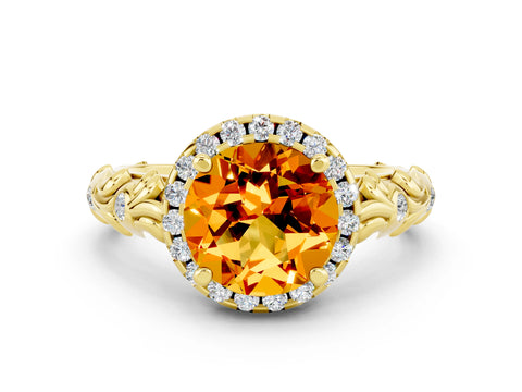 Yellow gold Round Cut Halo Diamond Solitaire with Filigree Band and Four-Prong Setting