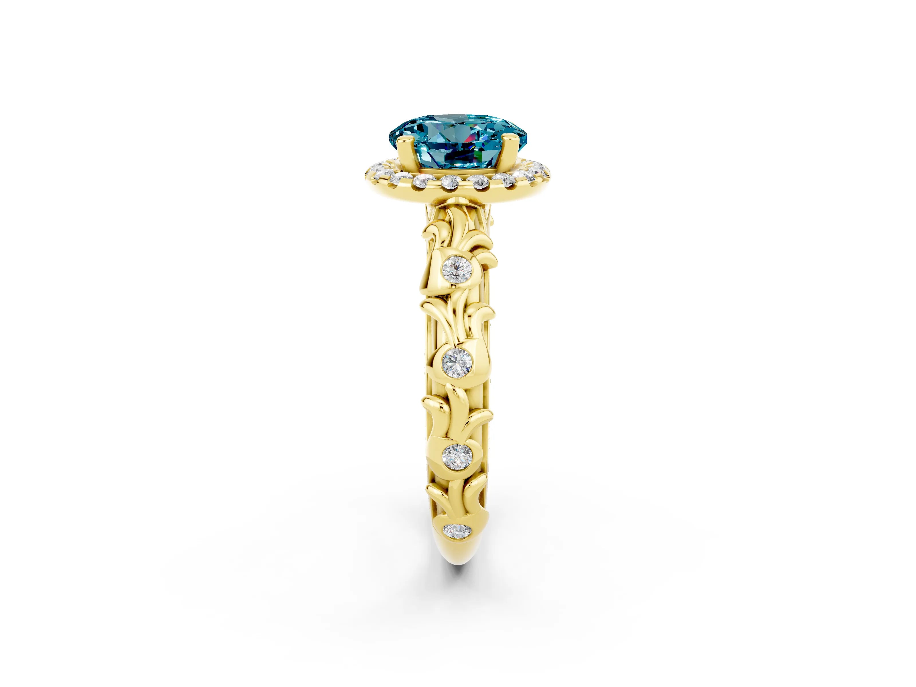 Yellow gold Round Cut Halo Diamond Solitaire with Filigree Band and Four-Prong Setting_2