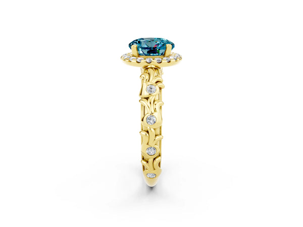 Yellow gold Round Cut Halo Diamond Solitaire with Filigree Band and Four-Prong Setting
