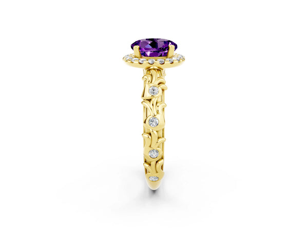 Yellow gold Round Cut Amethyst Halo Ring with Filigree Band and Prong Setting
