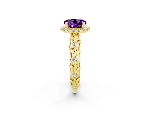 Yellow gold Round Cut Halo Diamond Solitaire with Filigree Band and Four-Prong Setting_2