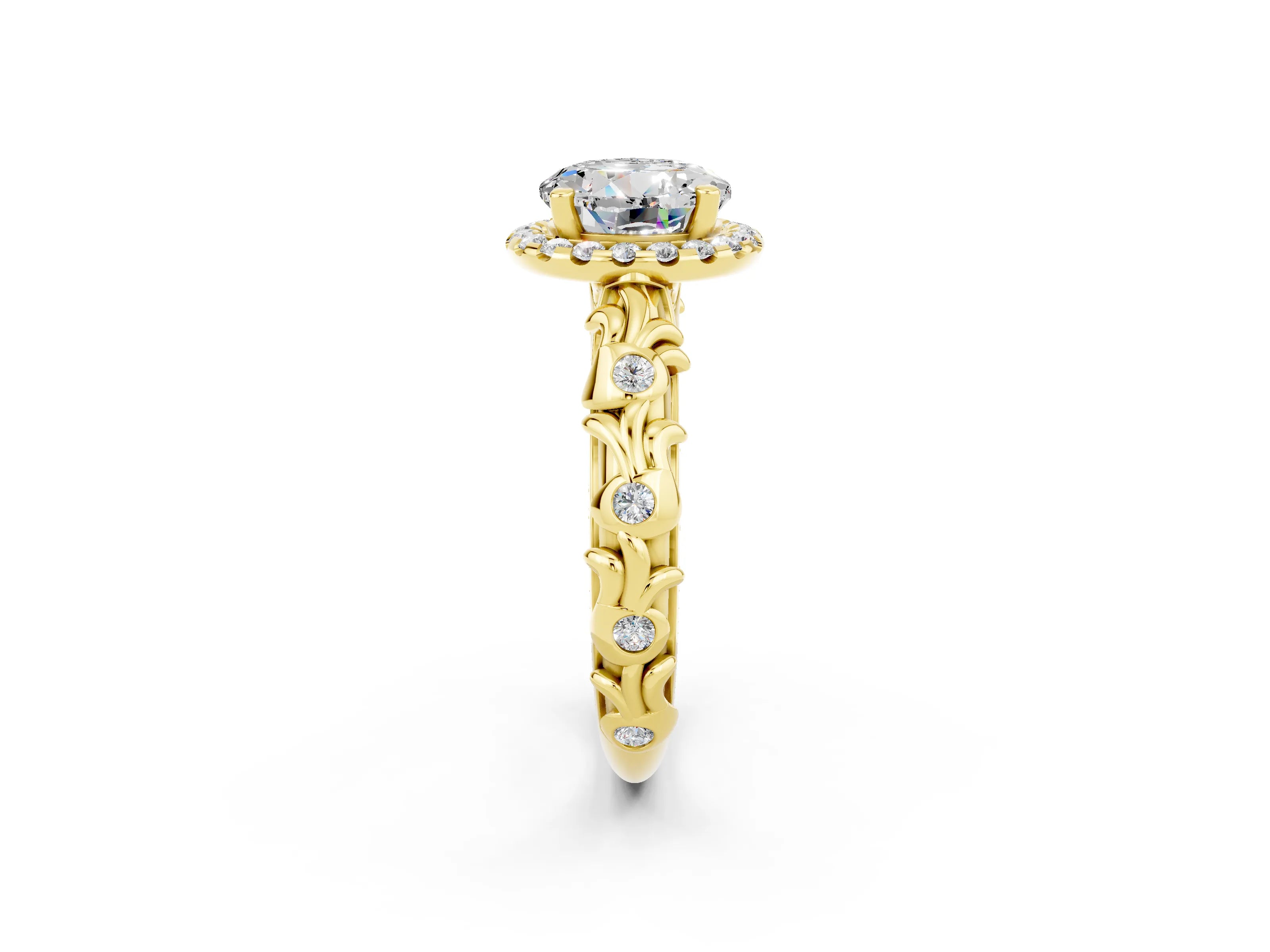 Yellow gold Round Cut Halo Diamond Solitaire with Filigree Band and Four-Prong Setting_2