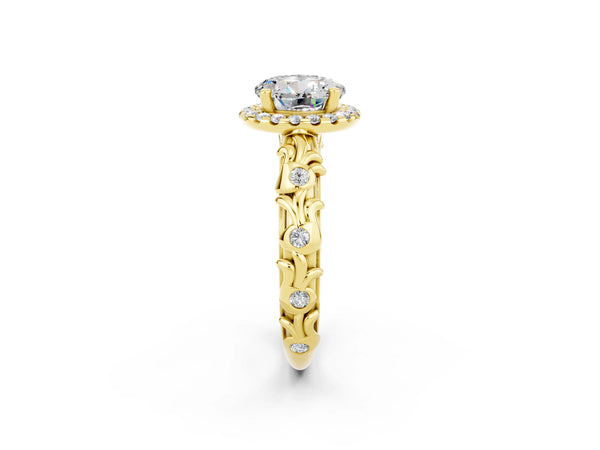 Yellow gold Round Cut Moissanite Halo Ring with Filigree Band and Prong Setting