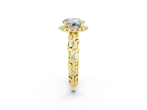 Yellow gold Round Cut Halo Diamond Solitaire with Filigree Band and Four-Prong Setting_2