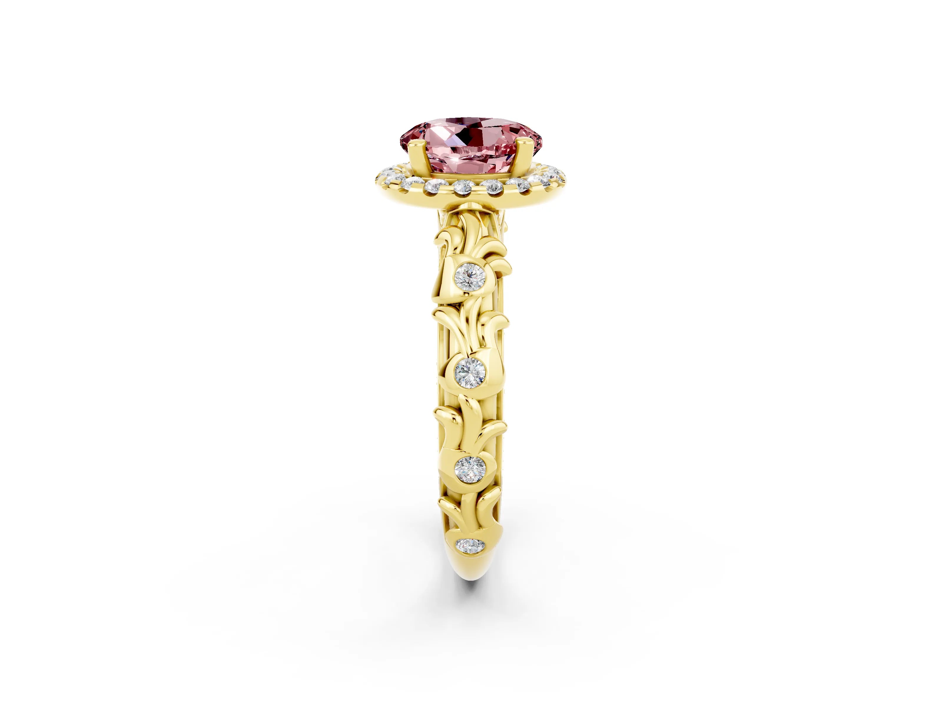 Yellow gold Round Cut Halo Diamond Solitaire with Filigree Band and Four-Prong Setting_2