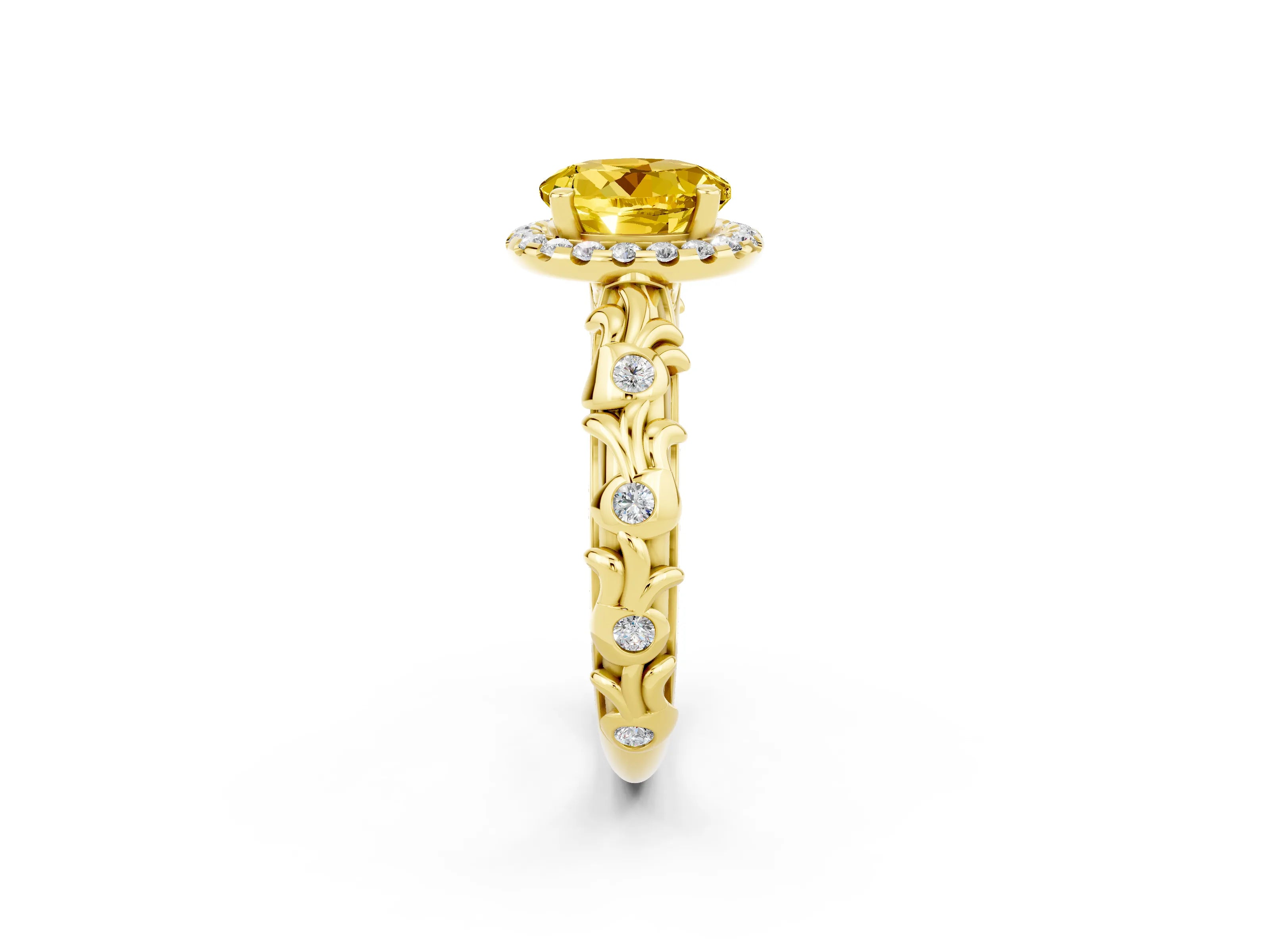 Yellow gold Round Cut Halo Diamond Solitaire with Filigree Band and Four-Prong Setting_2