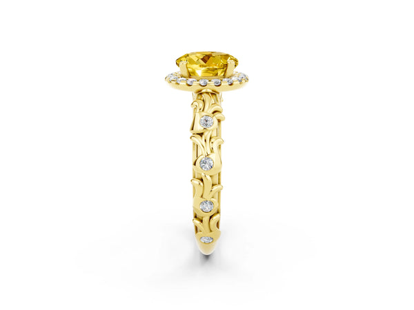Yellow gold Round Cut Yellow Sapphire Halo Ring with Filigree Band and Prong Setting
