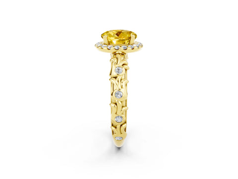Yellow gold Round Cut Halo Diamond Solitaire with Filigree Band and Four-Prong Setting_2