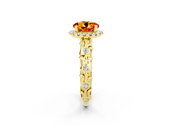 Yellow gold Round Cut Citrine Halo Ring with Filigree Band and Prong Setting