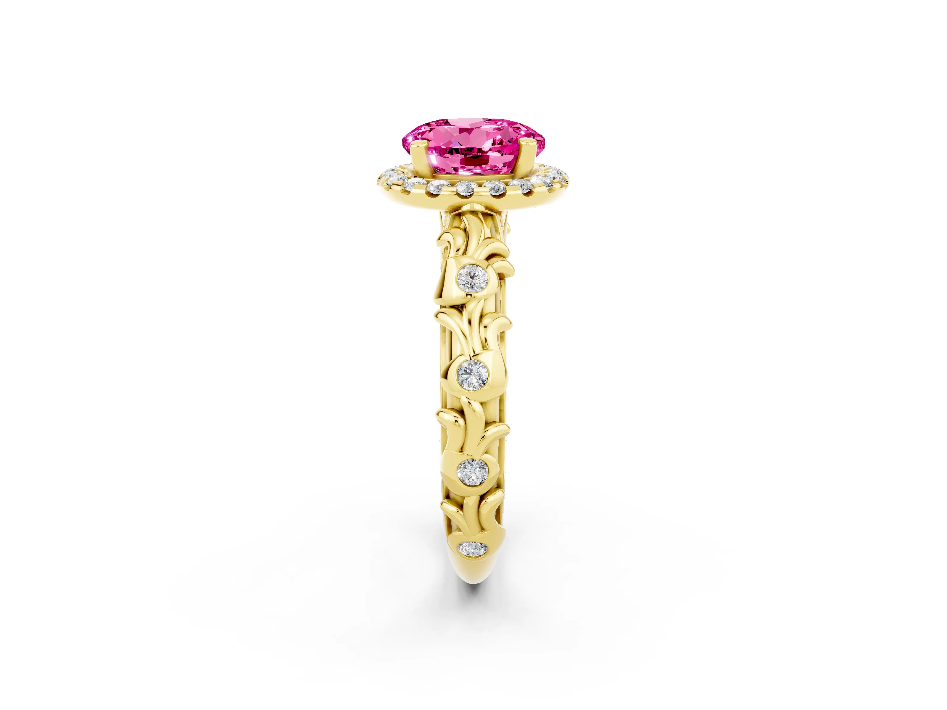Yellow gold Round Cut Halo Diamond Solitaire with Filigree Band and Four-Prong Setting_2