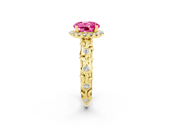 Yellow gold Round Cut Pink Sapphire Halo Ring with Filigree Band and Prong Setting