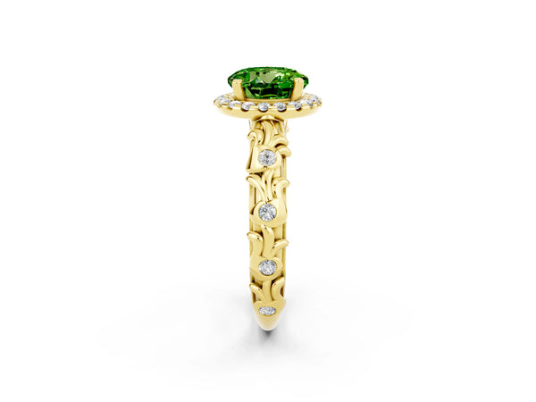 Yellow gold Round Cut Peridot Halo Ring with Filigree Band and Prong Setting