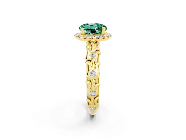 Yellow gold Round Cut Green Sapphire Halo Ring with Filigree Band and Prong Setting