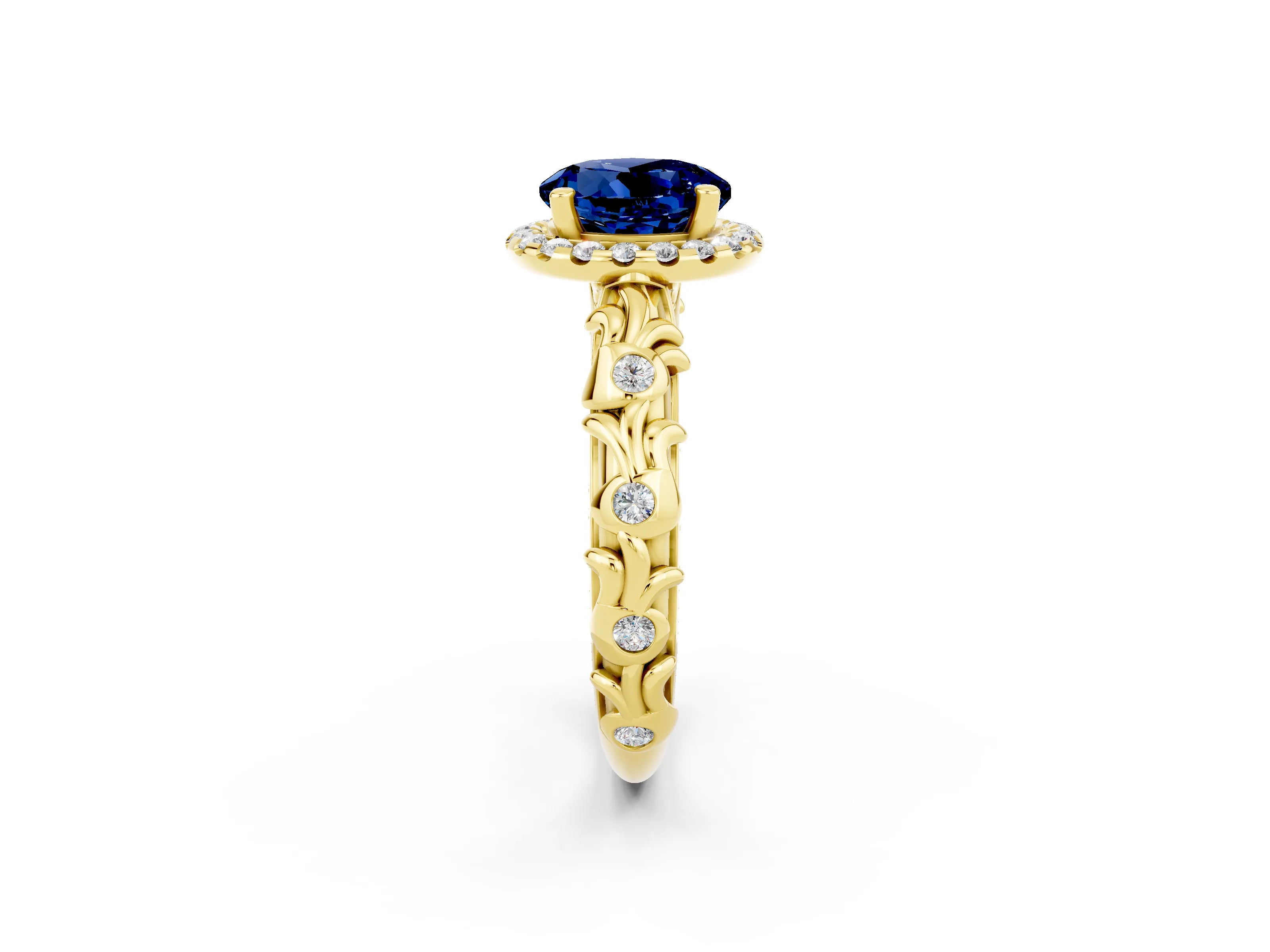 Yellow gold Round Cut Halo Diamond Solitaire with Filigree Band and Four-Prong Setting_2