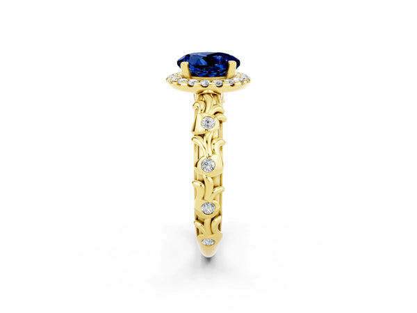 Yellow gold Round Cut Blue Sapphire Halo Ring with Filigree Band and Prong Setting