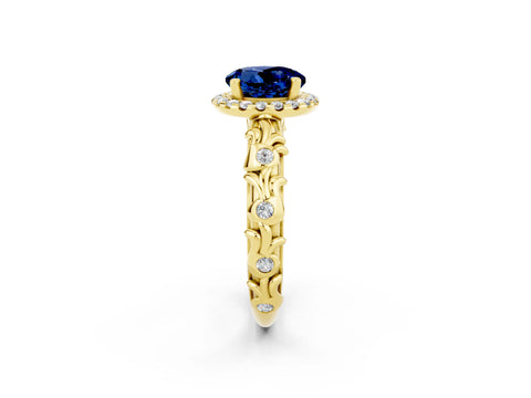 Yellow gold Round Cut Halo Diamond Solitaire with Filigree Band and Four-Prong Setting_2