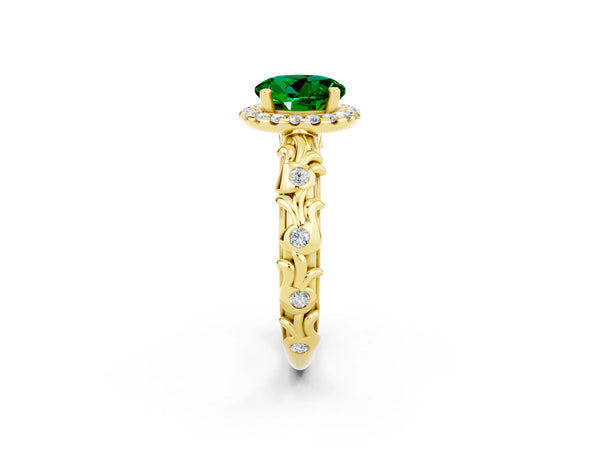 Yellow gold Round Cut Emerald Halo Ring with Filigree Band and Prong Setting