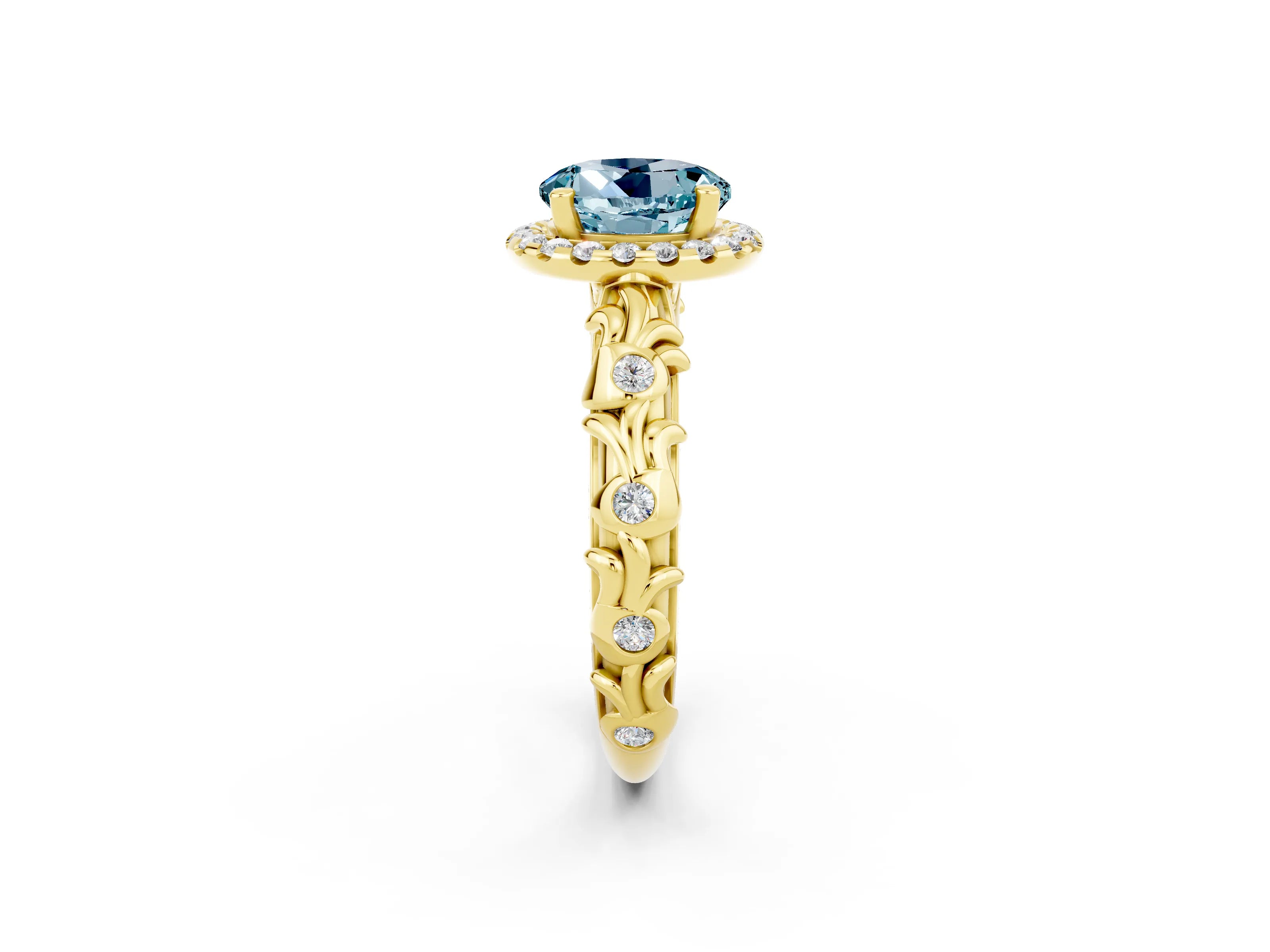 Yellow gold Round Cut Halo Diamond Solitaire with Filigree Band and Four-Prong Setting_2