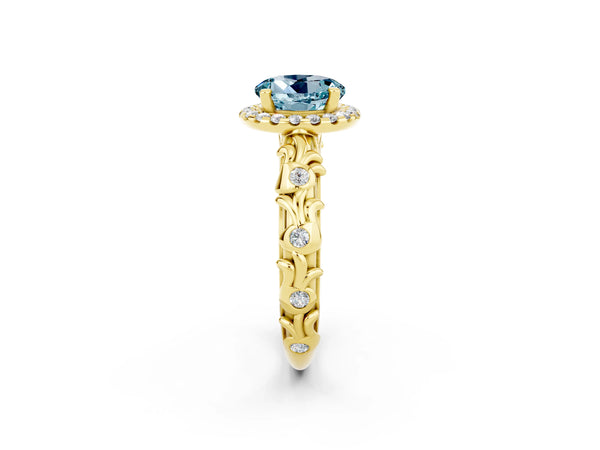 Yellow gold Round Cut Aquamarine Halo Ring with Filigree Band and Prong Setting
