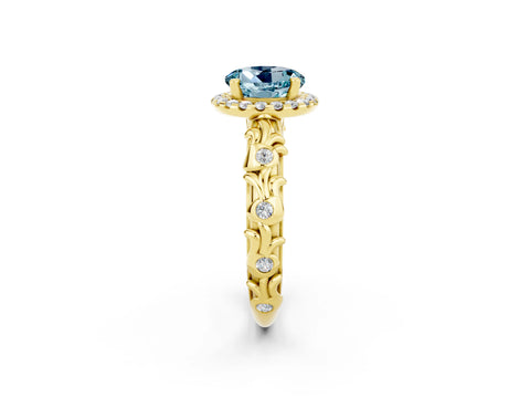 Yellow gold Round Cut Halo Diamond Solitaire with Filigree Band and Four-Prong Setting_2