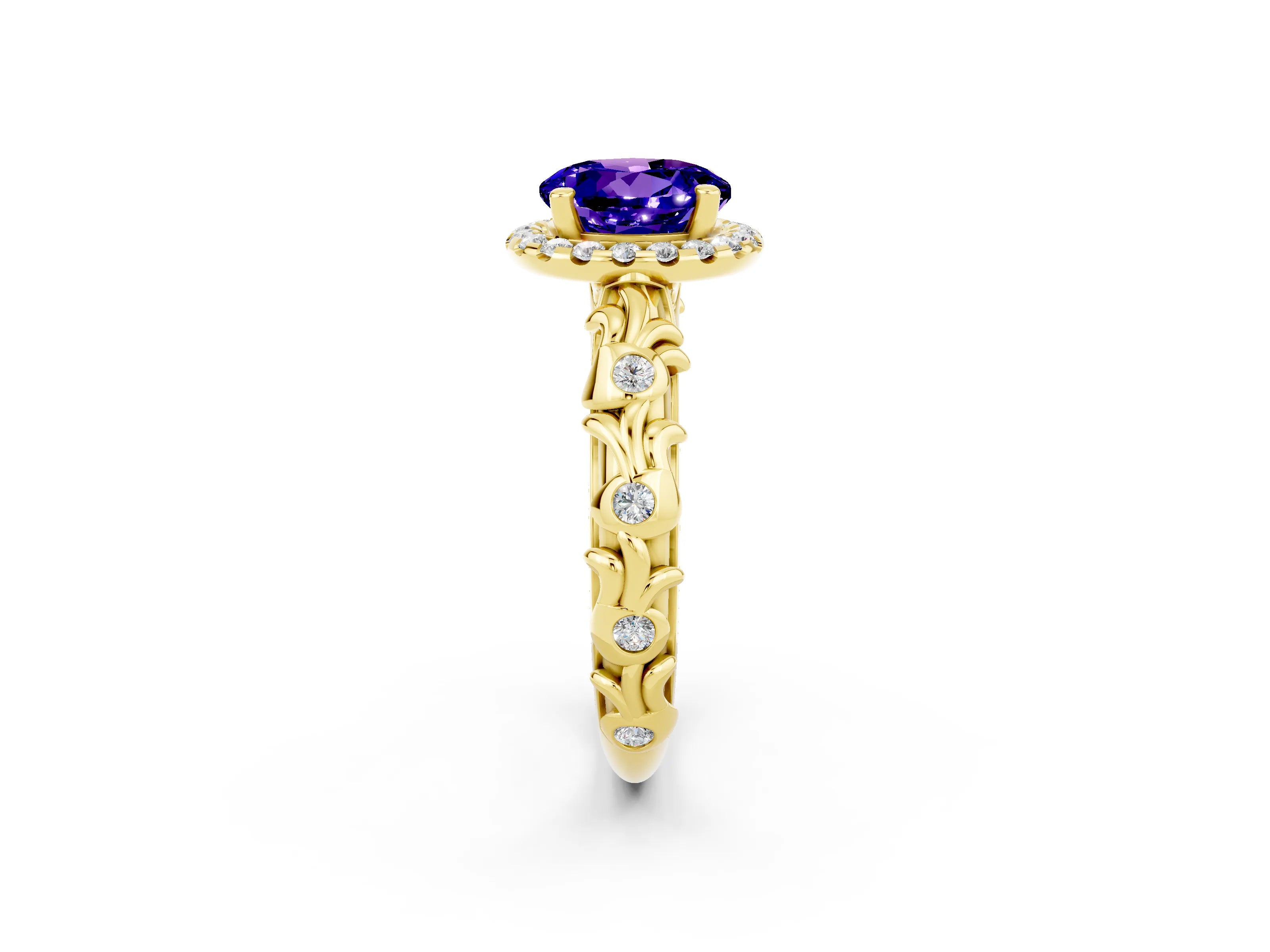 Yellow gold Round Cut Halo Diamond Solitaire with Filigree Band and Four-Prong Setting_2