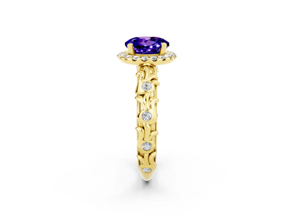 Yellow gold Round Cut Tanzanite Halo Ring with Filigree Band and Prong Setting