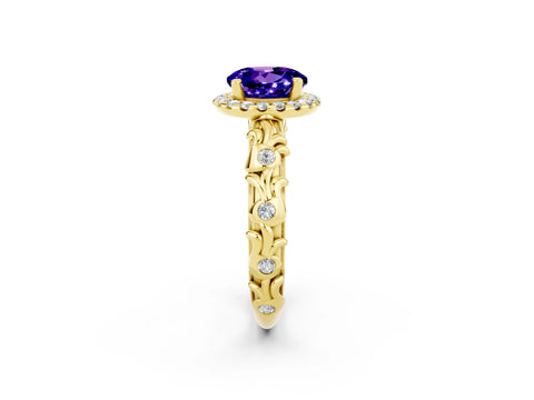 Yellow gold Round Cut Halo Diamond Solitaire with Filigree Band and Four-Prong Setting_2