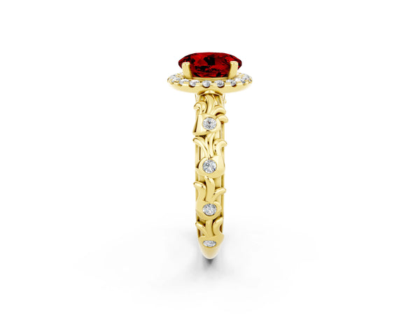 Yellow gold Round Cut Ruby Halo Ring with Filigree Band and Prong Setting