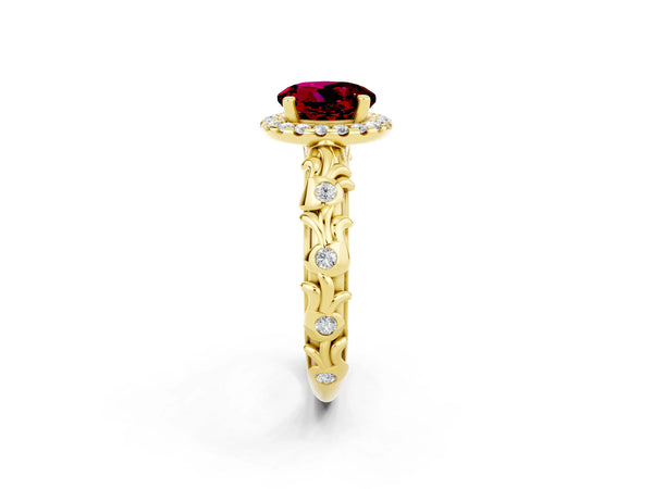 Yellow gold Round Cut Garnet Halo Ring with Filigree Band and Prong Setting