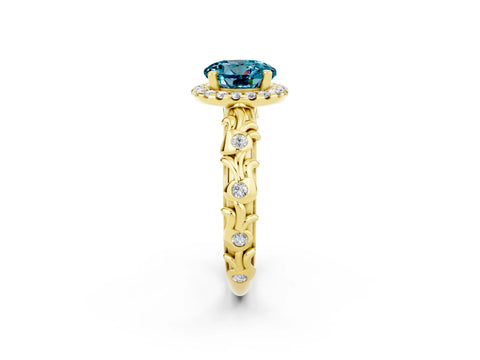 Yellow gold Round Cut Halo Diamond Solitaire with Filigree Band and Four-Prong Setting_2