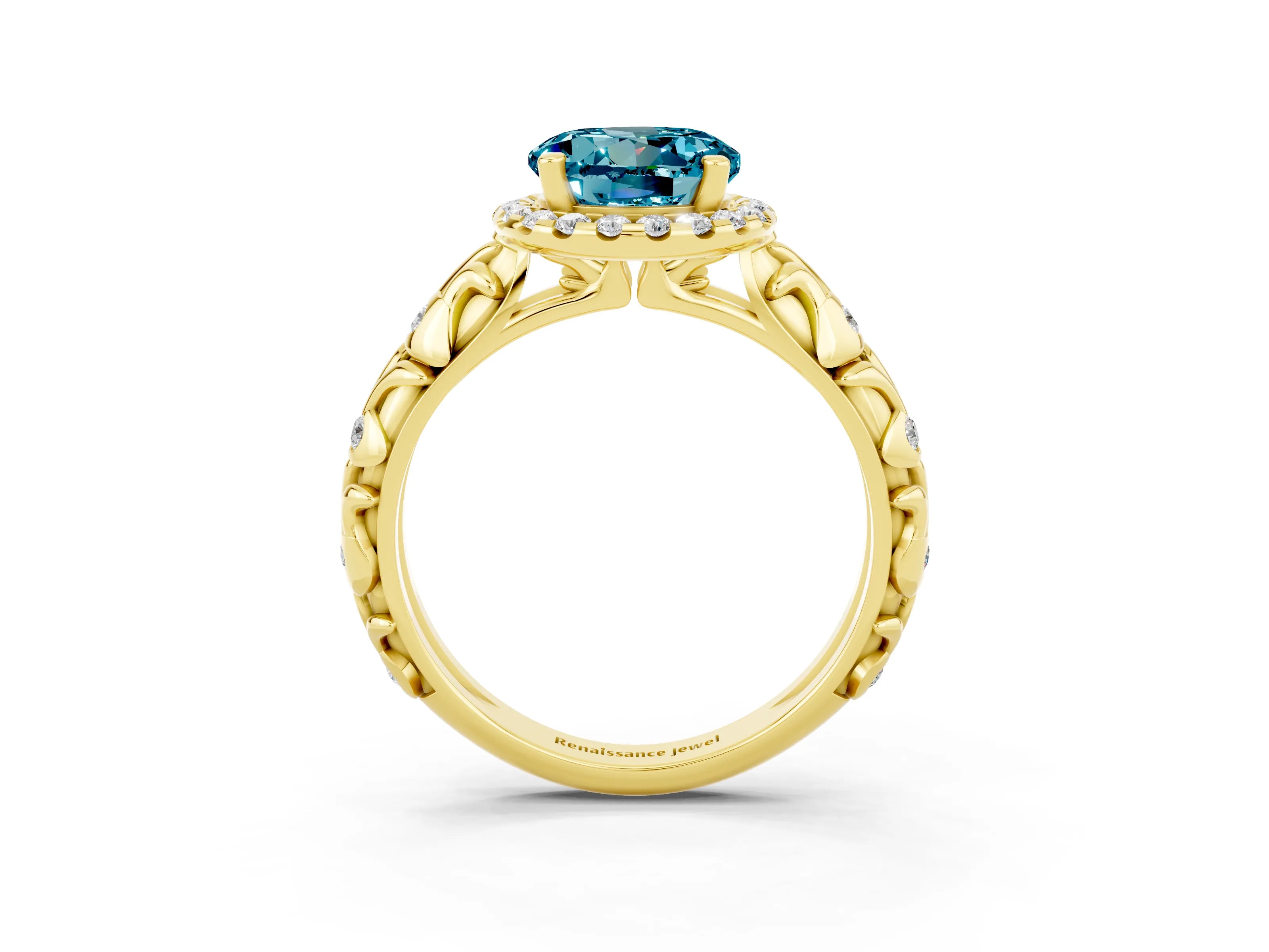 Yellow gold Round Cut Halo Diamond Solitaire with Filigree Band and Four-Prong Setting_3