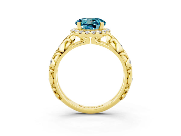 Yellow gold Round Cut Halo Diamond Solitaire with Filigree Band and Four-Prong Setting