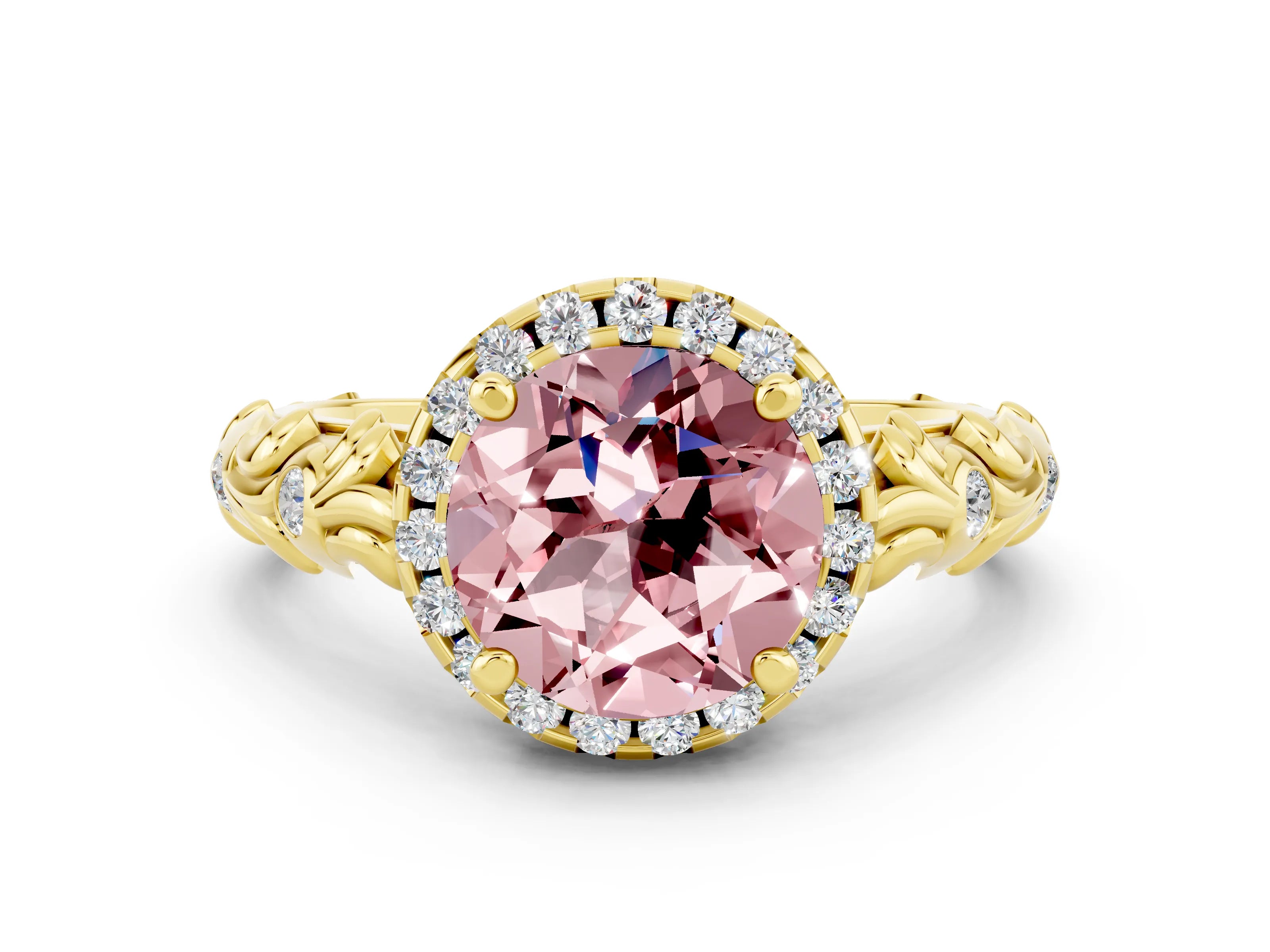 Yellow gold Round Cut Halo Diamond Solitaire with Filigree Band and Four-Prong Setting