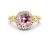 Yellow gold Round Cut Halo Diamond Solitaire with Filigree Band and Four-Prong Setting