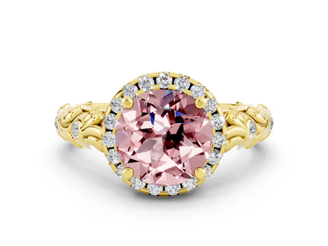 Yellow gold Round Cut Halo Diamond Solitaire with Filigree Band and Four-Prong Setting