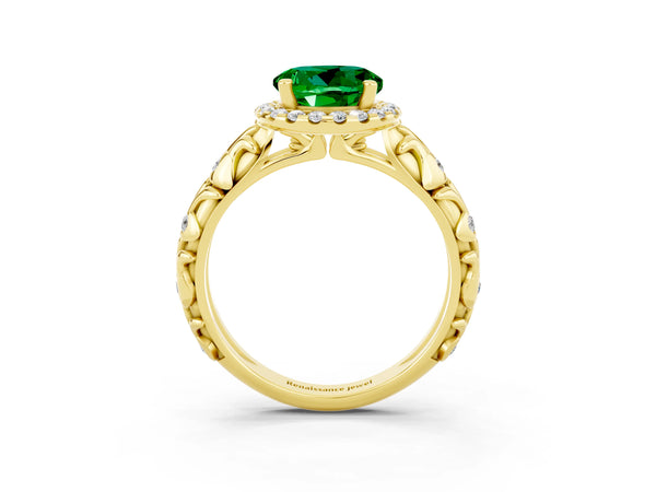 Yellow gold Round Cut Emerald Halo Ring with Filigree Band and Prong Setting