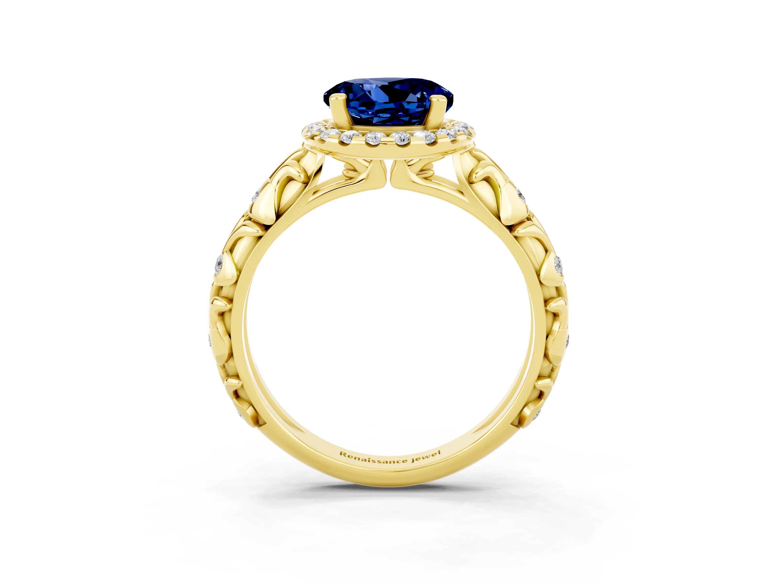 Yellow gold Round Cut Halo Diamond Solitaire with Filigree Band and Four-Prong Setting_3