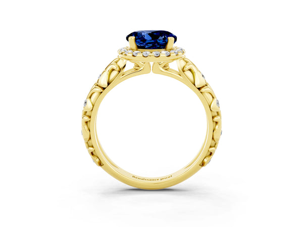 Yellow gold Round Cut Blue Sapphire Halo Ring with Filigree Band and Prong Setting