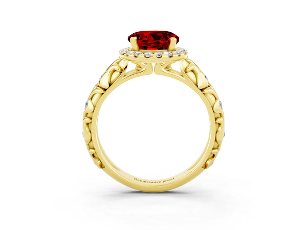 Yellow gold Round Cut Ruby Halo Ring with Filigree Band and Prong Setting