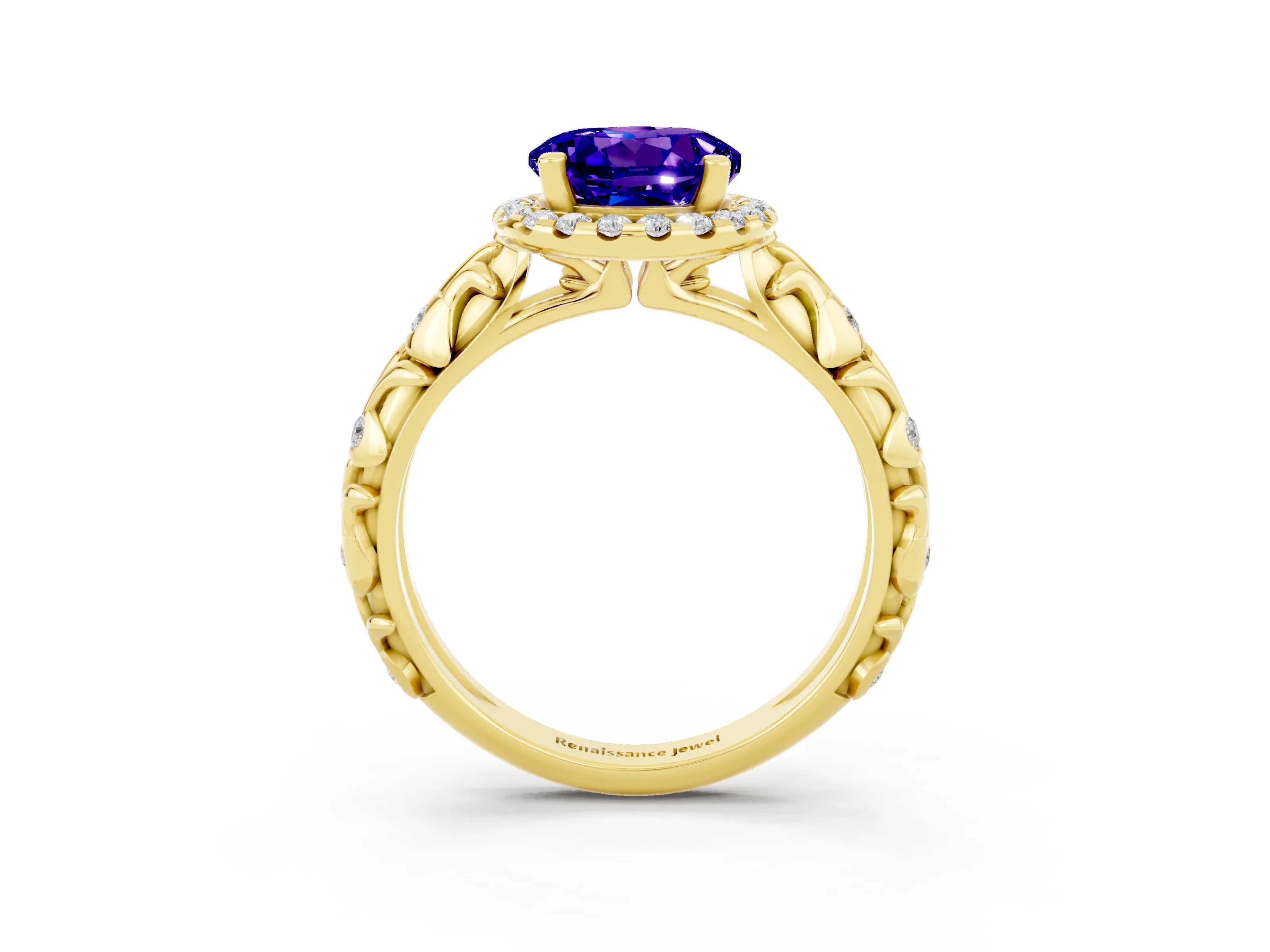 Yellow gold Round Cut Halo Diamond Solitaire with Filigree Band and Four-Prong Setting_3